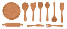Collection Set Of Wooden Kitchenware Plate Cutting Board Fork Rice Spatula Spoon Rolling Pin