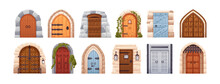 Medieval Castle Doors Set. Old Vintage Entrances From Wood, Metal. Ancient Front Portals, Entries, Doorways To Palace, Dungeon. Flat Graphic Cartoon Vector Illustration Isolated On White Background