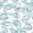 Seamless  pattern with mussels on blue watercolor background. Food vector Illustration. Templates for menu design, packaging, restaurants and catering. Hand drawn images.