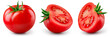 Tomato isolated. Tomato set: whole, half, slice on white background. Cut tomato side view. Collection with clipping path. Full depth of field.
