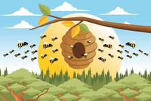 Vector Illustration Of A Beehive. Illustration Of A Beehive On A Tree Branch. A Swarm Of Bees Perched On The Hive