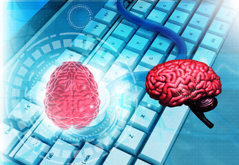 Sticker - Computer keyboard with human brains. 3d illustration.