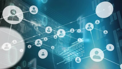 Animation of digital midsection of human, profile icons, falling binary code, globe and infographics