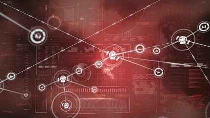 Animation of application icons connected with lines over infographic interface in background