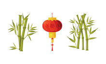 Red Paper Lantern With Tassel And Bamboo Stalk As China Object And Traditional Cultural Chinese Symbol Vector Set