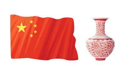 Wall Mural - Porcelain Vase with Ornament and Red Flag as China Object and Traditional Cultural Chinese Symbol Vector Set