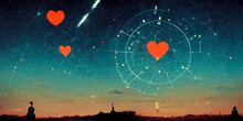 Red Hearts And Zodiac Signs In A Starry Sky Above A Peaceful City Symbolizing The Astrology Of Love And Love Horoscopes In The Service Of Love Or Valentine's Day