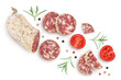 © kolesnikovserg - Cured salami sausage slices isolated on white background. Italian cuisine with full depth of field. Top view. Flat lay.