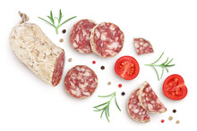 Cured Salami Sausage Slices Isolated On White Background. Italian Cuisine With Full Depth Of Field. Top View. Flat Lay.