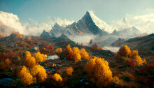 Landscape Beautiful Autumn Misty Mountains. Yellow Trees On Hill In Fall Colors With Depth Blur Field.