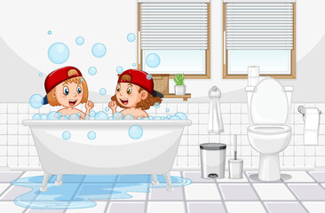 Wall Mural - Happy kids playing bubbles in bathtub