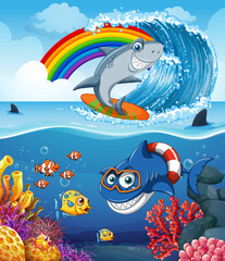 Wall Mural - Funny shark with sea animals in the ocean
