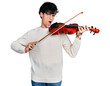 Handsome hipster young man playing violin in shock face, looking skeptical and sarcastic, surprised with open mouth