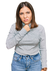 Sticker - Young beautiful woman wearing casual turtleneck sweater touching painful neck, sore throat for flu, clod and infection