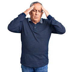 Poster - Senior handsome man wearing casual polo with hand on head for pain in head because stress. suffering migraine.