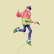 Cute Funny Asian Music Lover Wears Red Hoodie, Blue Jeans, Green Sneakers Plays Solo On Guitar Jumps Up In Air Floating In Space Have Fun Joy. Lessons At School, Education. 3d Render On Beige Backdrop