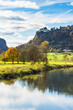 Danube River and Werenwag Castle in autumn, Upper Danube Nature Park, Swabian Alb, Baden-Wuerttemberg, Germany