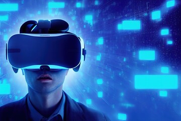 Man using VR headset for business operations via internet