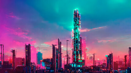 Wall Mural - Futuristic metaverse city with neon synthwave lights