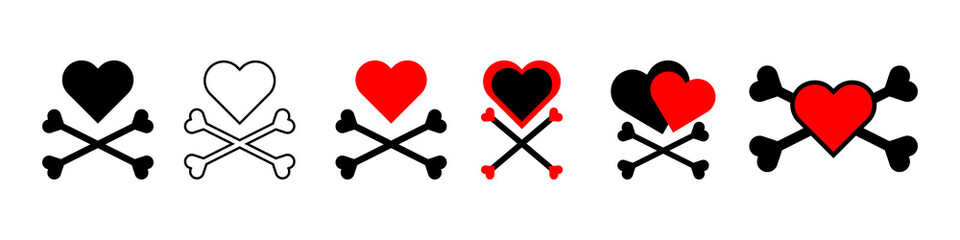 Heart with crossbones icons set. Element for design for holiday Valentine's Day. Vector illustration isolated on white background.