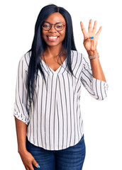 Poster - Young african american woman wearing casual clothes and glasses showing and pointing up with fingers number four while smiling confident and happy.