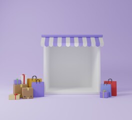 Blank product display store box with shopping bags and gift boxes 3D render illustration