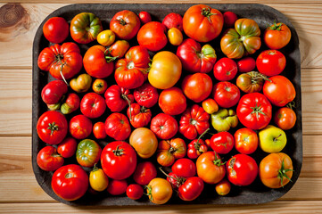 The last autumn harvest of tomatoes of different colors, sizes and ripeness.