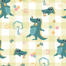 Vector Seamless Pattern With Cute Cartoon Hand Drawn Crocodile And Doodle Elements. Happy Alligator With Ice Cream. Vector Cute Cartoon Animal Background