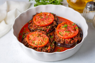 Traditional, delicious Turkish food, eggplant dish. Turkish name; Patlican oturtma