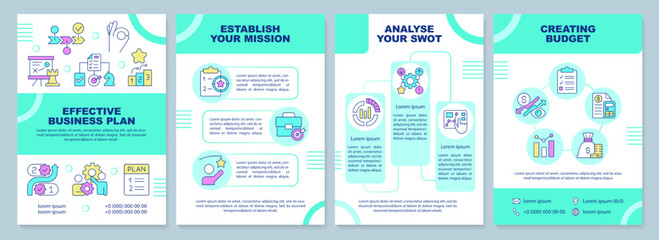 Effective business plan turquoise brochure template. Leaflet design with linear icons. Editable 4 vector layouts for presentation, annual reports. Arial-Black, Myriad Pro-Regular fonts used