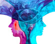© Artistic Memory - Dipinto acquerello telepatia. Comunicazione con pensiero. Sulla stessa lunghezza d’onda. Forza della mente umana. Social network. Questioni sociali