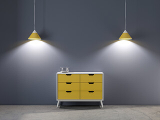 Wall Mural - Modern yellow 6 drawer chest bureau mockup standing in room with lamps, 3d rendering