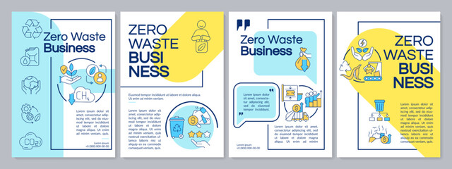 Zero waste company blue and yellow brochure template. Recycling. Leaflet design with linear icons. Editable 4 vector layouts for presentation, annual reports. Questrial, Lato-Regular fonts used