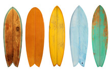 Collection Of Vintage Wooden Fishboard Surfboard Isolated For Object, Retro Styles.
