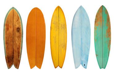 Collection of vintage wooden fishboard surfboard isolated for object, retro styles.