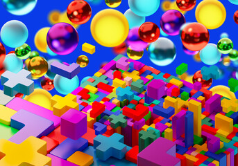 Wall Mural - Kids background. Toy bricks in weightlessness. Multicolored kids designer. Constructor of different colors. Background with kids blocks. Toy backdrop. Pixel constructor and bubbles. 3d image.