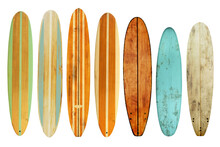 Collection Of Vintage Wooden Longboard Surfboard Isolated For Object, Retro Styles.