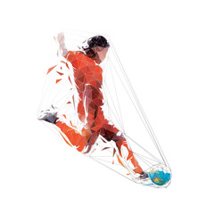 Wall Mural - Soccer player kicking ball, low polygonal isolated vector illustration, geometric drawing from triangles. Footballer logo, side view