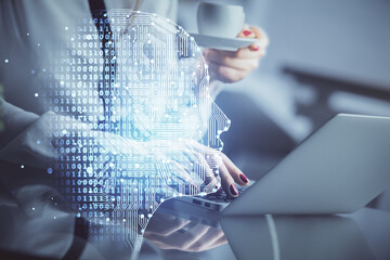 Aufkleber - Multi exposure of woman hands working on computer and human brain hologram drawing. Ai tech concept.