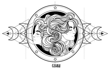 Wall Mural - Illustration of Gemini astrological sign as a beautiful girl over sacred geometry frame. Zodiac vector drawing isolated in black and white. Future telling, horoscope, spirituality. Coloring book.