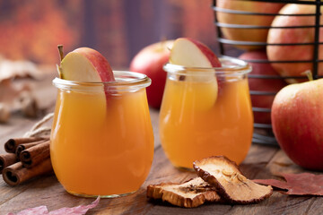 Wall Mural - Glass of apple cider with autumn background