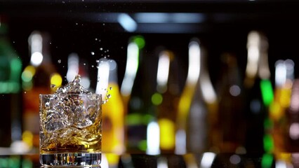 Fototapete - Super slow motion of falling ice cube into whiskey drink, camera motion. Speed ramp effect. Filmed on high speed cinema camera, 1000 fps.