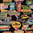 Vintage street sign board car motel station restaurant badges collection vector seamless pattern