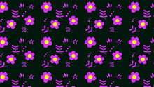 Illustration Of Pansy-like Flowers. Black Background For Wrapping Paper, Luncheon Mats, Etc.