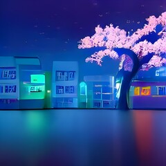 fantasy night city japanese landscape neon light. illustration art