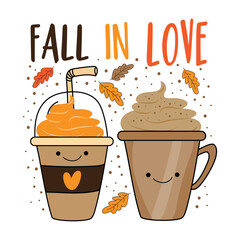 Wall Mural - Fall in love - cute hand drawn pumpkin spice latte mugs and autumnal leaves. Good for T shirt print, poster, card, label and other decoration.