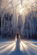 Illustration of snow queen in a winter landscape. Frozen trees in a fairy tale