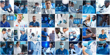 Professional Medical Doctors Working In Hospital Office, Portrait Of Young And Confident Physicians. Set Of Different Images.