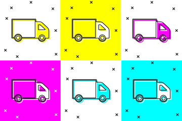 Poster - Set Delivery cargo truck vehicle icon isolated on color background. Vector