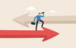 © yellow_man - Vision to see the business direction forecasting the economy or the future. Businessman standing on giant arrow using binoculars.